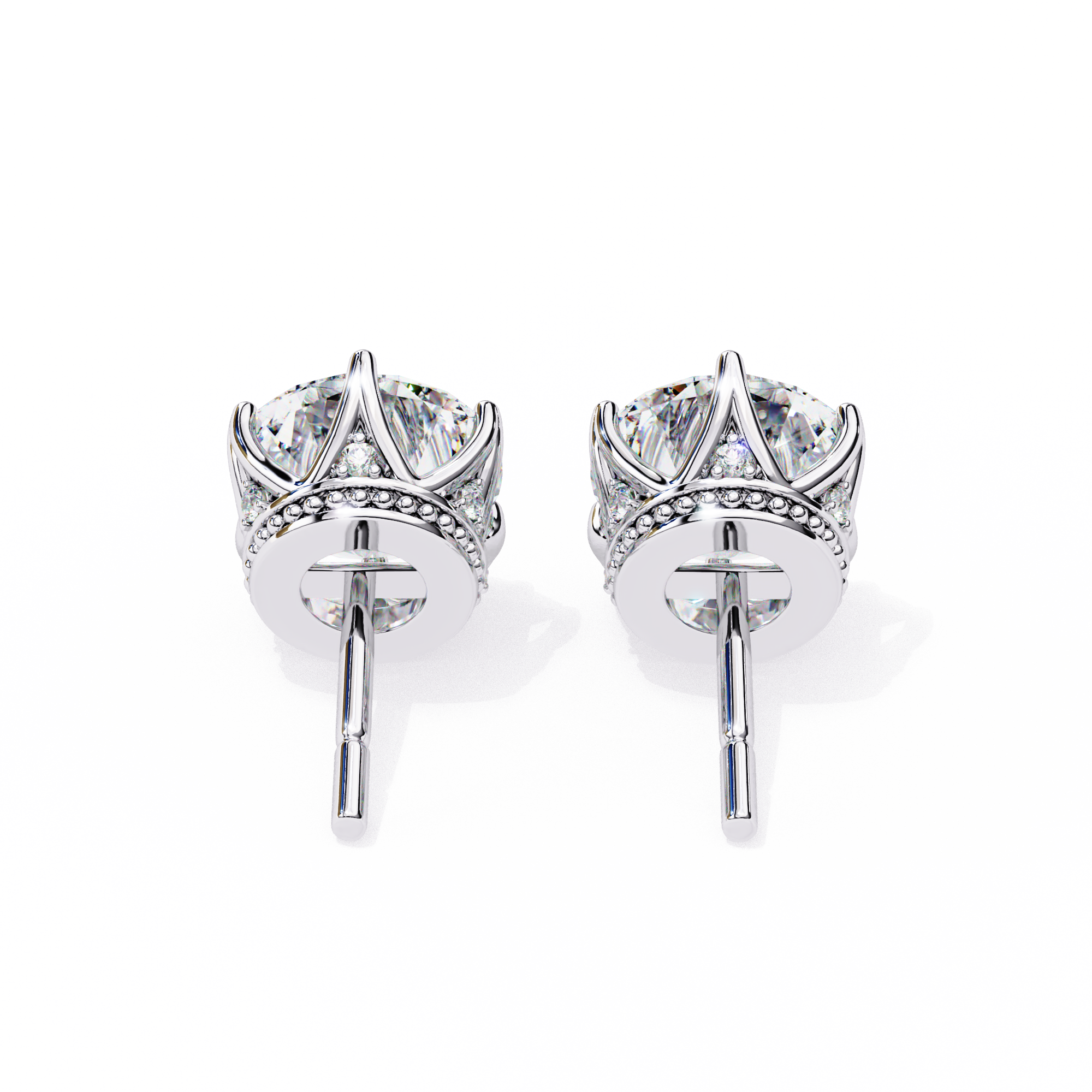 Crown-Inspired Solitaire Stud Earrings (White Gold)