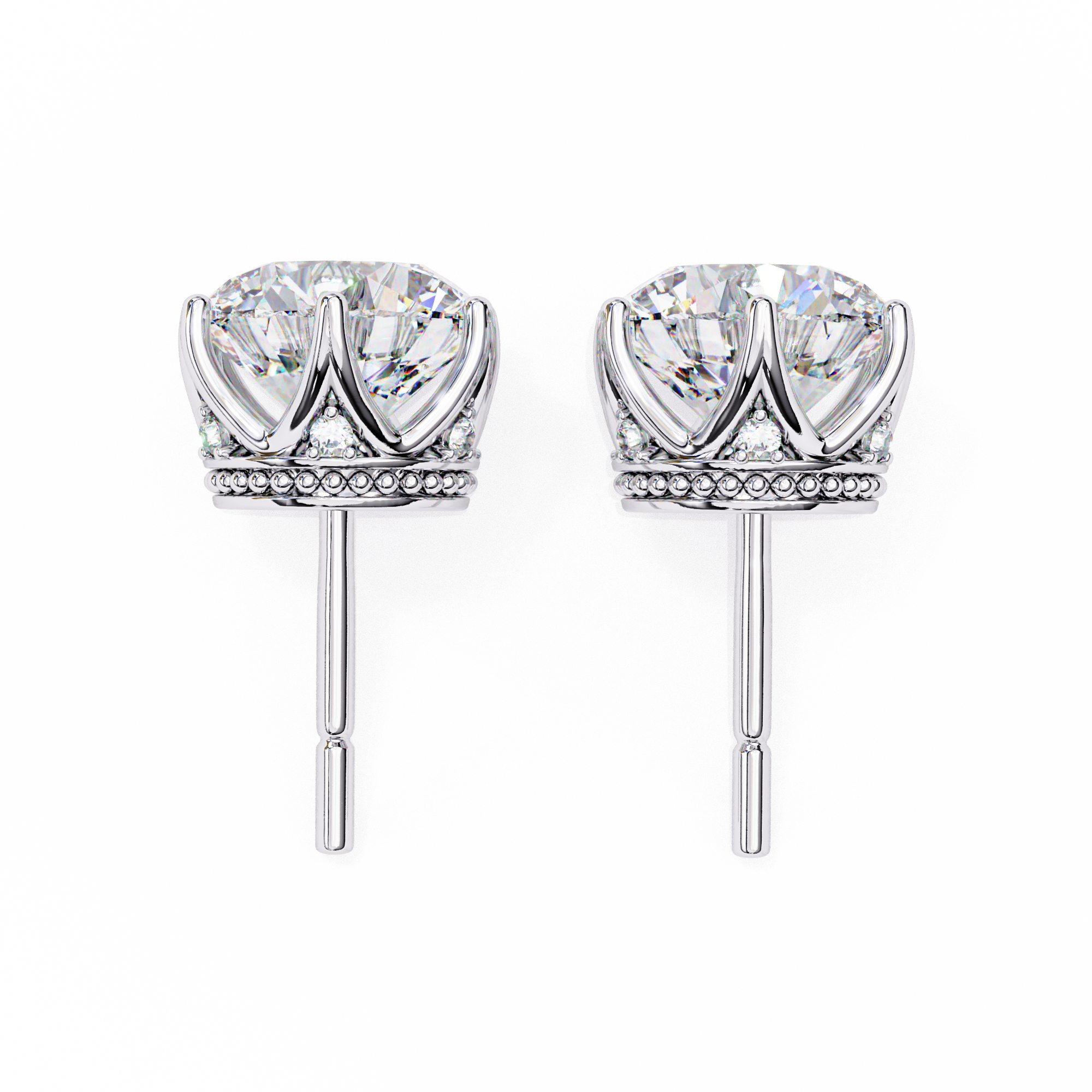 Crown-Inspired Solitaire Stud Earrings (White Gold)
